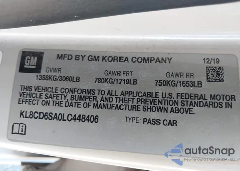 2020 Chevrolet Spark Fwd 1Lt Automatic z USA, uszkodzony, nr VIN KL8CD6SA0LC448406